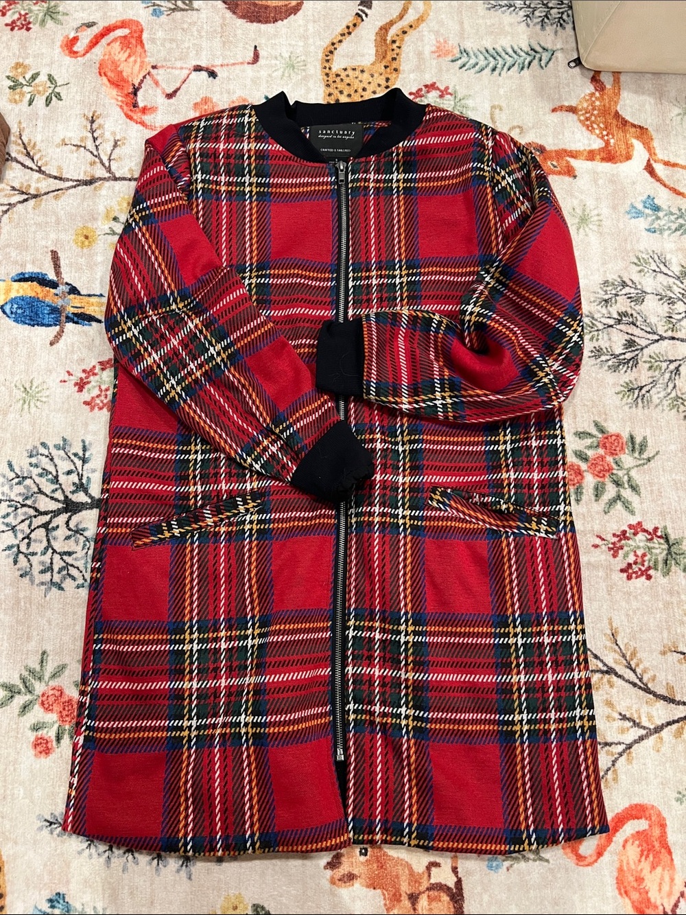 Sanctuary Red Plaid Zip-Front  Jacket with Black Trim